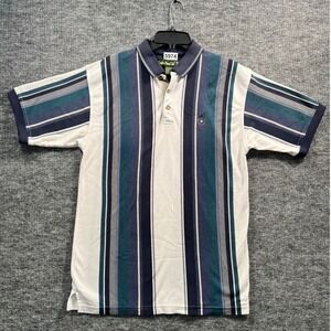 Knights of Round Table Mens Medium Polo Shirt Vertical Stripe Navy Teal